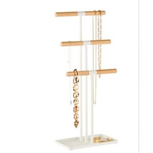 Yamazaki Tosca necklace stand with white steel and natural wood bars.